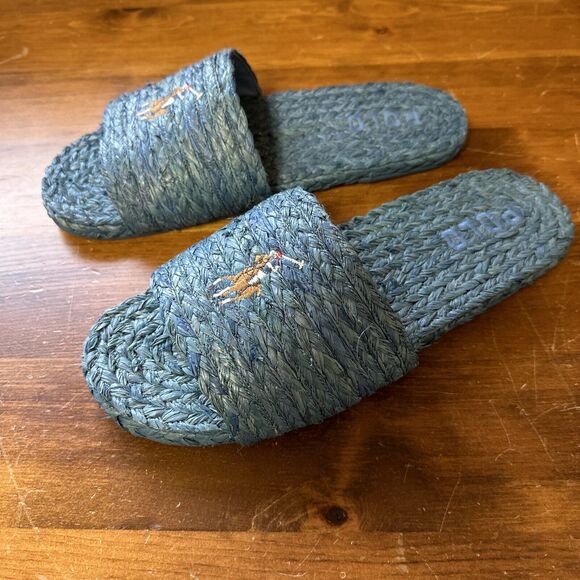 Polo Ralph Lauren Womens US 11 EU 43 Raffia Sandal Sheep Leather Blue Boho Beach - Picture 2 of 14